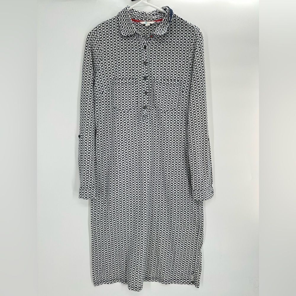 Boden Collared Long Sleeve Dress Cotton White & Navy Floral Print Size 4L